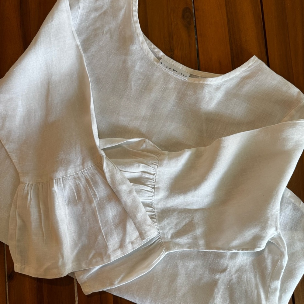 Bryn Walker Linen Round Neck Ruffle 3/4 Bell Sleeve Tunic Top‎ White M 12/14 - Picture 2 of 15